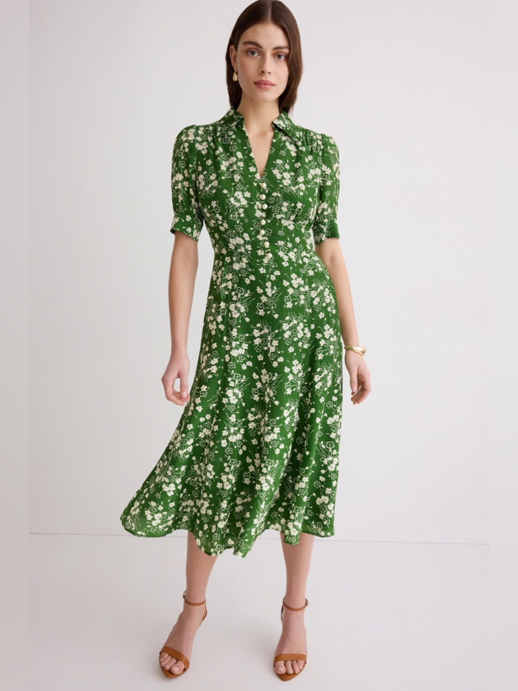 Lk Bennett Green Floral Button-Front Midi Dress